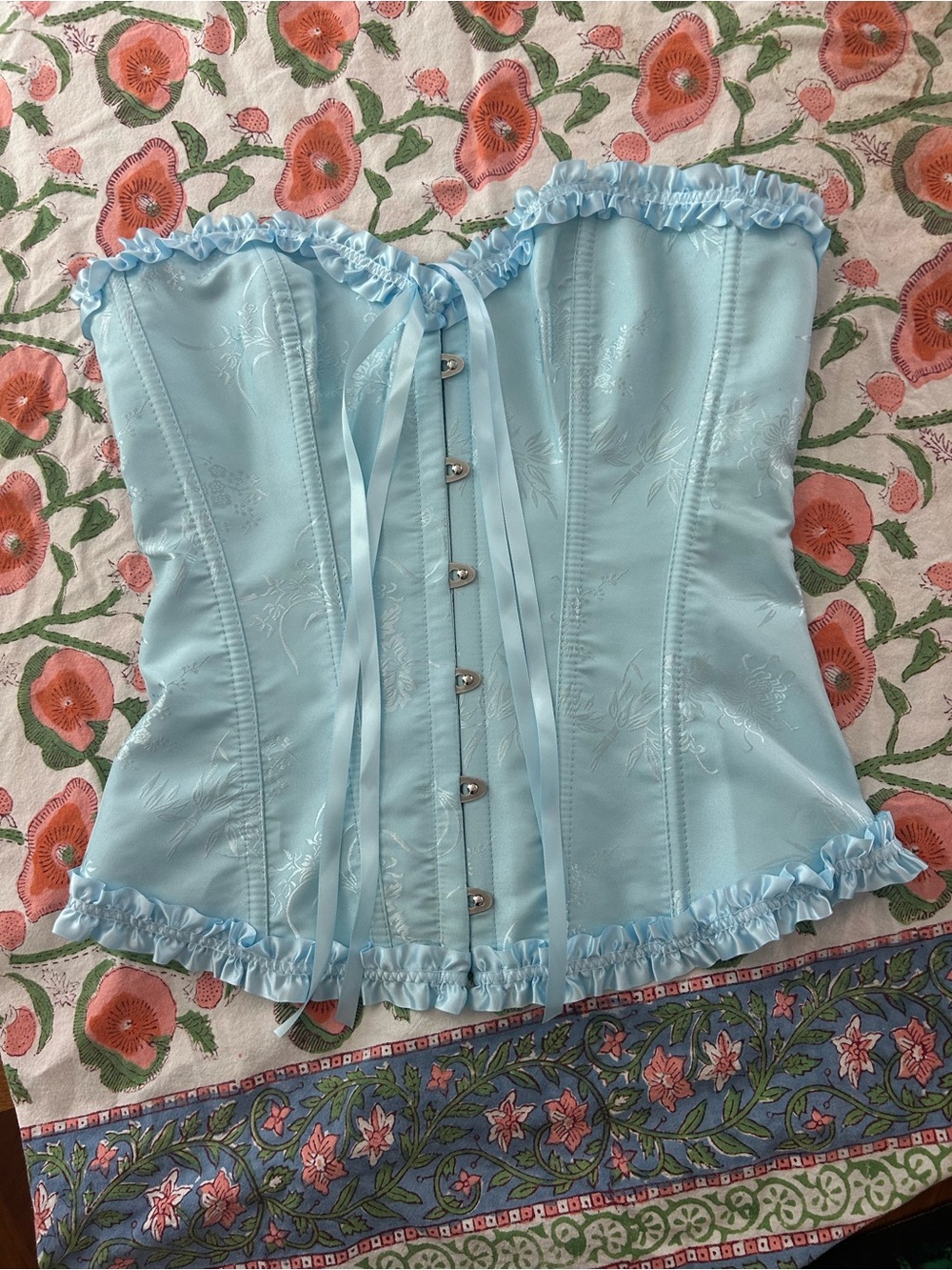 Light Blue Satin Floral Jacquard Lace Up Corset Bustier Top Ruffle Y2K